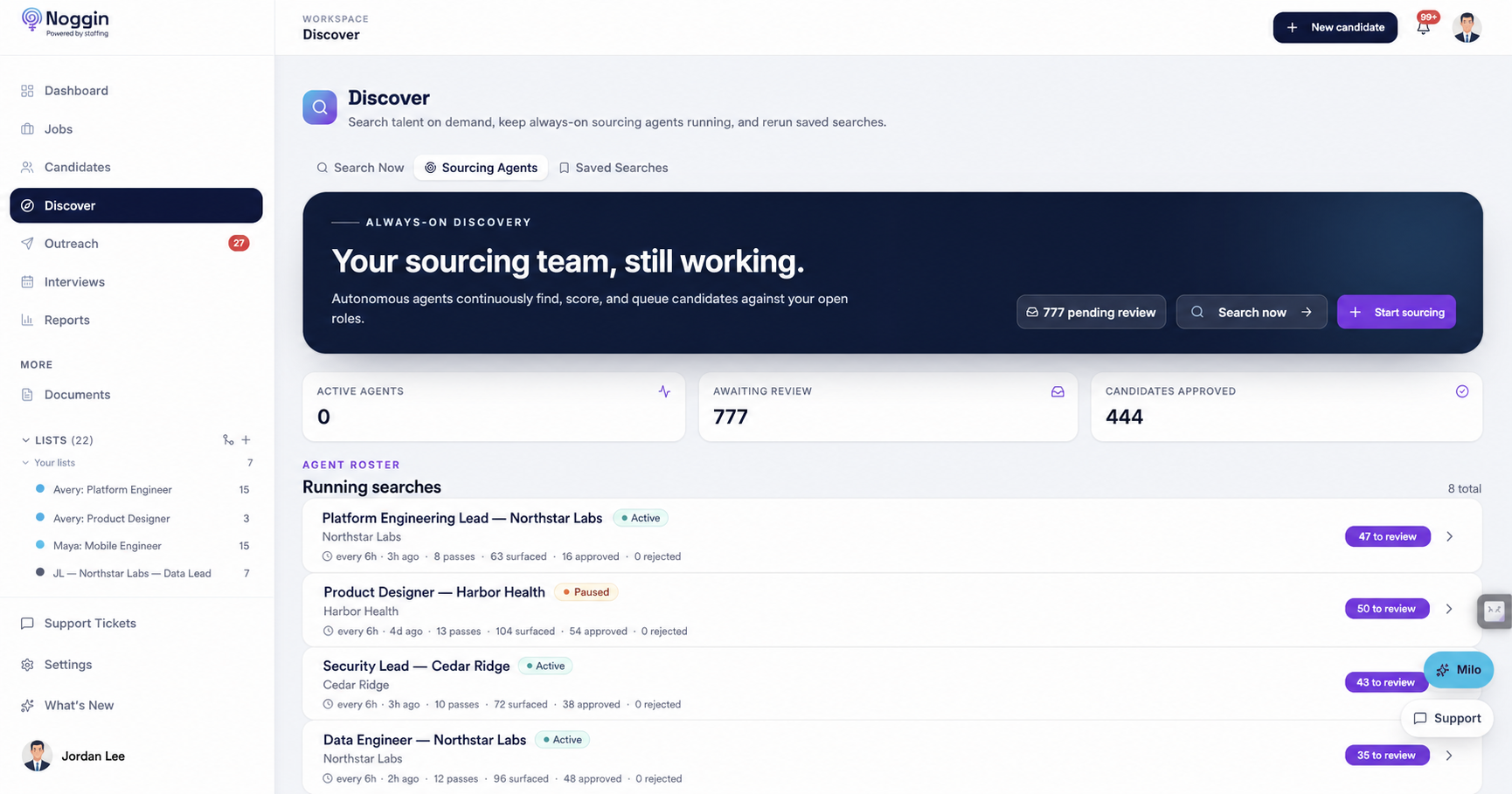 Noggin Discover searching and reviewing candidates in the live product