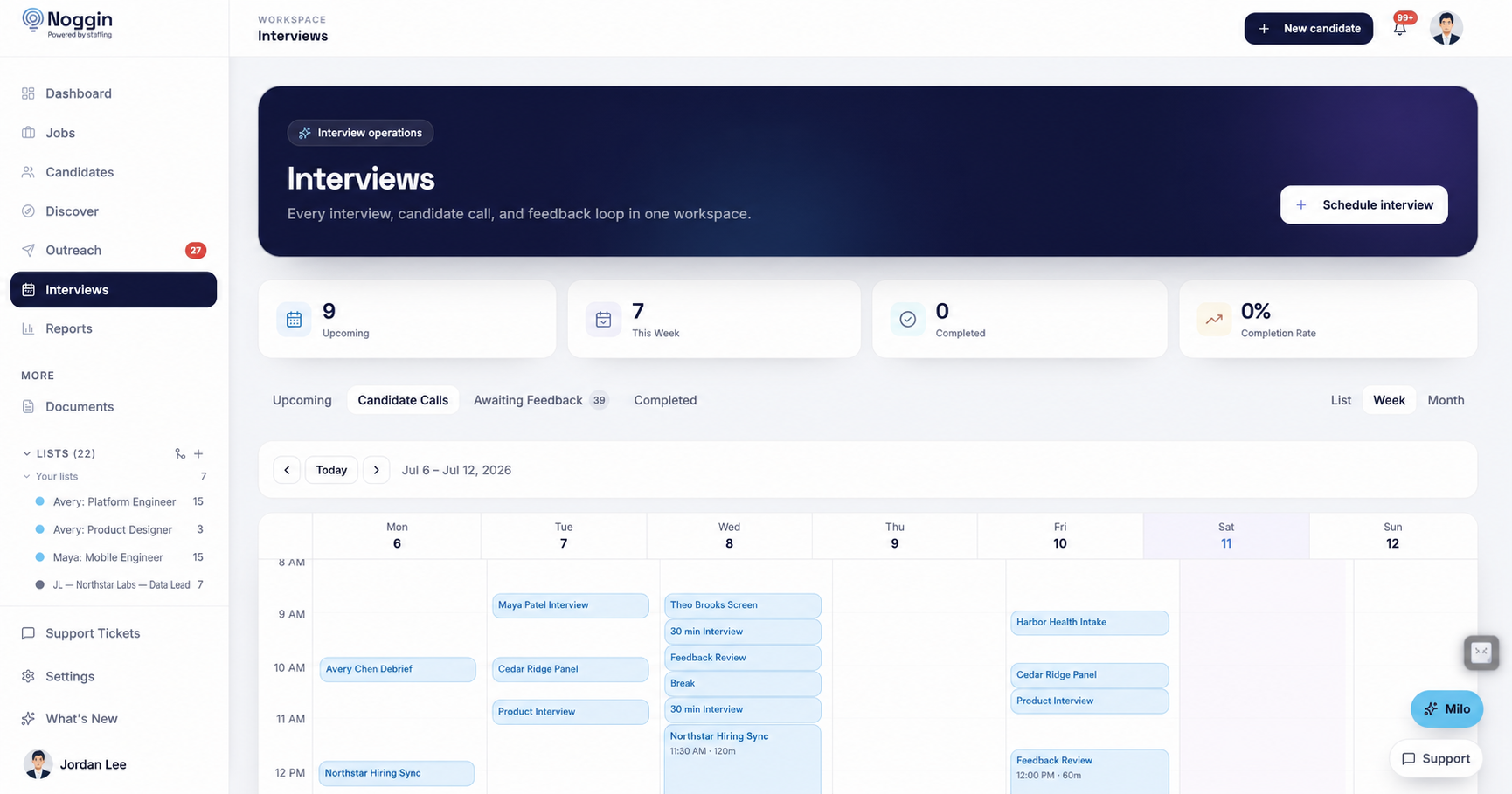 Noggin interview operations workspace using fictional candidates and companies
